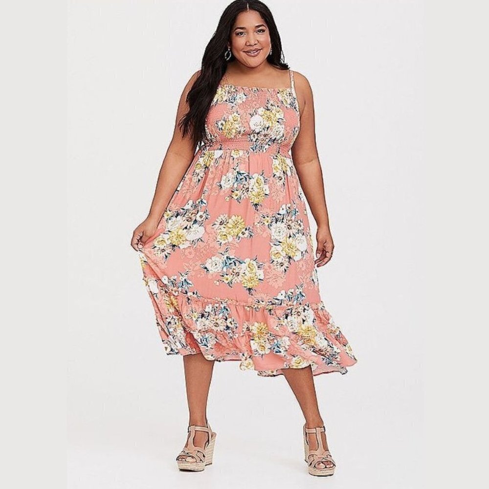 Torrid Women's Orange Floral Smocked Sleeveless Challis Midi Dress